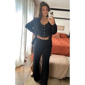 Y2k Frederick’s Of Hollywood 3 Piece Black Pinstripe Suit Jacket Vest Pants Set